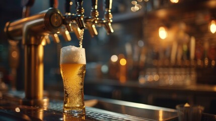 Golden pale ale poured smoothly into a frosty glass in a cozy dimly lit bar setting