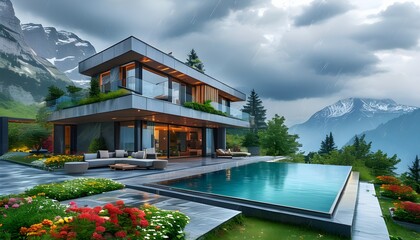 Wall Mural - Stunning modern mountain house featuring a garden, swimming pool, large windows, and a terrace with breathtaking views amidst a rainy day backdrop