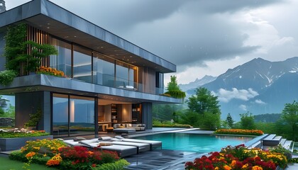 Wall Mural - Stunning modern mountain house featuring a garden, swimming pool, large windows, and a terrace with breathtaking views amidst a rainy day backdrop