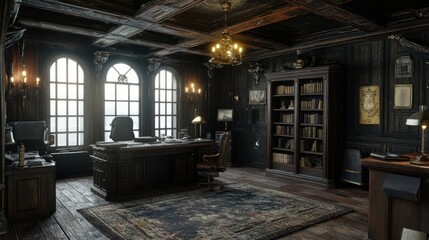 Poster - A dark, elegant office with wooden beams, a large desk, and bookshelves.