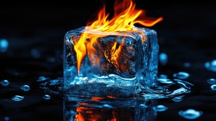 Wall Mural - A single ice cube with flames on top, melting in a pool of water on a dark background.