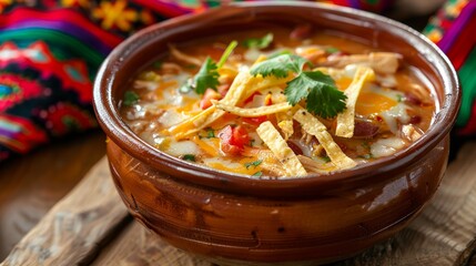 Close up of chicken enchilada soup in rustic bowl with cheese and tortilla strips on wooden table