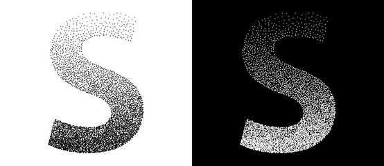 Poster - Dotted letter S as logo or icon. Retro effect with dots abstract illustration. Black shape on a white background and the same white shape on the black side.