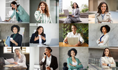 Leinwandbilder - A diverse group of professional women is engaged in different activities within a modern office environment. They are seen on phone calls, typing on laptops, reviewing documents