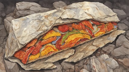 Wall Mural - A Grilled Sandwich with Vegetables on Charcoal