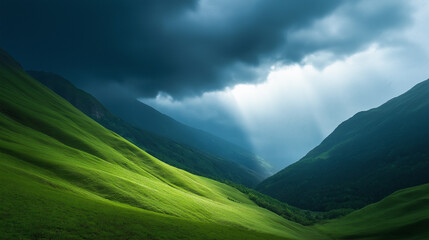 Dramatic mountain landscape with a fresh landslide scar, and a rainstorm approaching from the horizon 