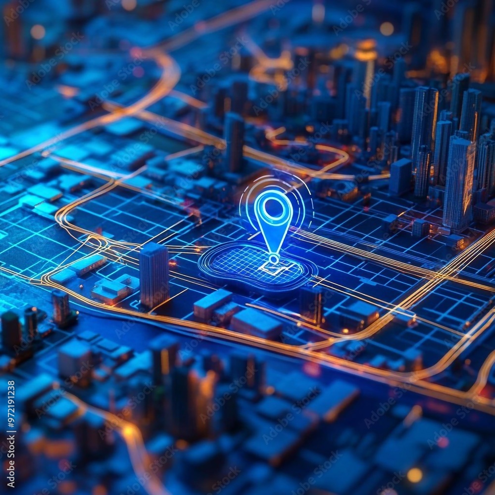 glowing location pins on map with blue light path line from one pin to ...