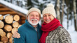 © fotogurme - Elderly couple smiling while stacking firewood together in a winter landscape with their log cabin nearby