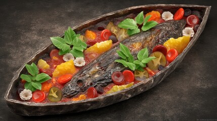 Wall Mural - Roasted Fish in a Clay Dish with Citrus and Herbs