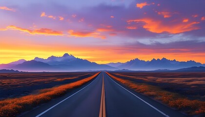 Wall Mural - Scenic road journeying towards a vibrant horizon with orange and purple skies framed by majestic mountains