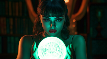 Fortune teller gazing into a crystal ball, dimly lit room filled with arcane symbols and old books 