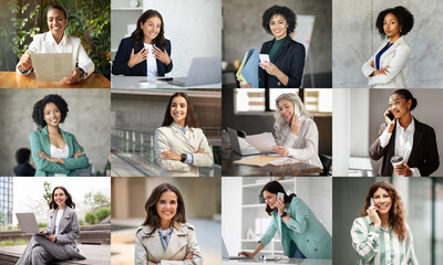 Leinwandbilder - A group of diverse professional women is actively working in a contemporary office environment. Each individual is engaged in different tasks, showcasing their dedication and collaboration.