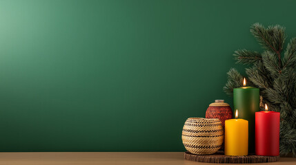 Poster - Kwanzaa decorations with colorful flags, woven baskets, and symbolic items, empty space for festive text 