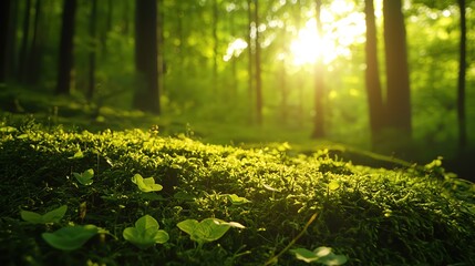 Poster - A serene forest scene with lush green moss and sunlight filtering through tall trees, creating a tranquil atmosphere.