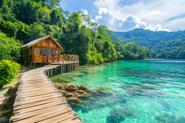 Wall Mural - Wooden cabin on stilts in a tropical bay with clear turquoise water.