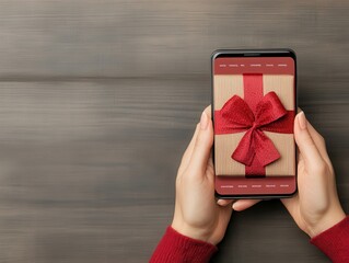 A person holding a smartphone displaying an image of a beautifully wrapped gift with a red bow on a wooden background.