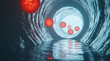 Wall Mural - Abstract 3D Rendering of Red Spheres Floating in a Tunnel of Water