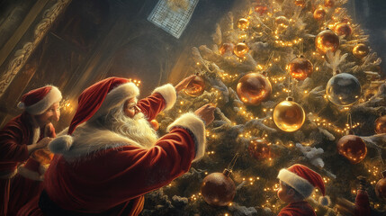 Wall Mural - Santa Claus and his elves decorating a gigantic Christmas tree with sparkling lights and oversized ornaments 