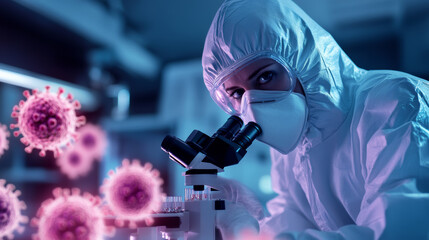 Scientist in hazmat suit examining a petri dish labeled Sloth Fever Virus under a microscope with lab equipment around 