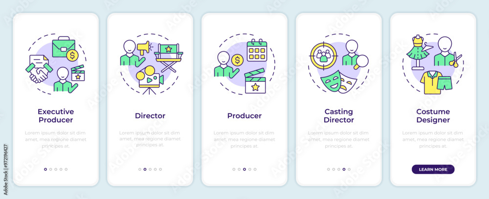 Film crew positions onboarding mobile app screen. Walkthrough 5 steps ...