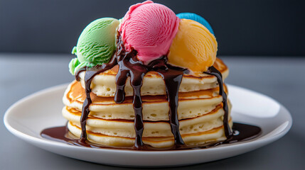 Poster - Stack of fluffy pancakes topped with scoops of colorful ice cream melting down the sides and drizzled with chocolate sauce 