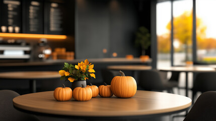 Wall Mural - Warm and inviting pumpkin spice cafe with cozy seating, decorative pumpkins, autumn leaves, and a menu board displaying seasonal pumpkin spice drinks, soft warm lighting 