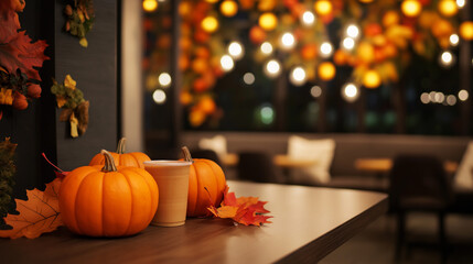 Wall Mural - Warm and inviting pumpkin spice cafe with cozy seating, decorative pumpkins, autumn leaves, and a menu board displaying seasonal pumpkin spice drinks, soft warm lighting 