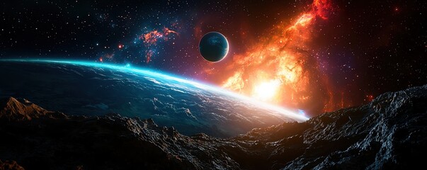 a stunning view of a distant planet surrounded by vibrant cosmic phenomena, showcasing the beauty of