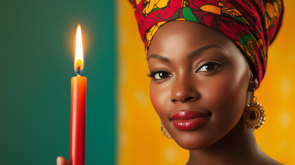 Sticker - Woman wearing a colorful headwrap, holding a Kwanzaa kinara with pride, vibrant background patterns 