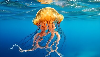 Serene jellyfish dancing through crystal-clear azure waters, embodying the calm beauty of marine life