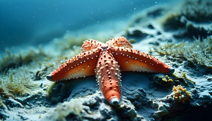 Wall Mural - Serene starfish resting on the ocean floor, harmonizing with vibrant marine life and the tranquil underwater landscape