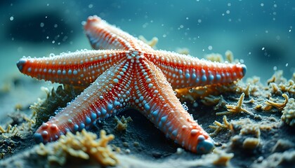 Poster - Serene starfish resting on the ocean floor, harmonizing with vibrant marine life and the tranquil underwater landscape