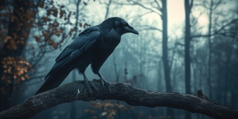 Wall Mural - mystical silhouette of a raven perched on tree branch