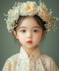 Wall Mural - A young girl wearing a flowery headband and a white dress