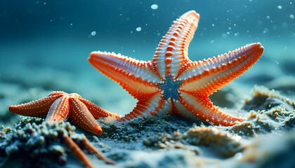 Poster - Serene starfish resting on the ocean floor, harmonizing with vibrant marine life and the tranquil underwater landscape