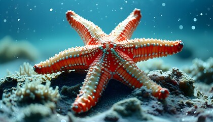 Poster - Serene starfish resting on the ocean floor, harmonizing with vibrant marine life and the tranquil underwater landscape