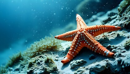 Poster - Serene starfish resting on the ocean floor, harmonizing with vibrant marine life and the tranquil underwater landscape