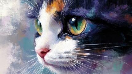 A close-up of a colorful cat's face, showcasing vivid eyes and intricate fur details.