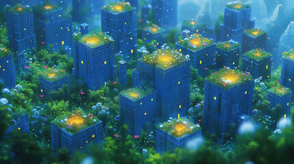 A futuristic city with glowing windows and lush rooftop gardens.