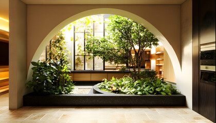 Modern home interior design with a view of a lush courtyard through an arched doorway.