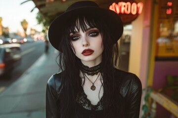 Brunette Goth style inspired woman, outdoor  fashion and make-up portrait shoot. Gothic, Goth, Emo, New Wave, Dark style fashion. Dark smokey make-up, red lipstick. Dramatic. Elegant.	
