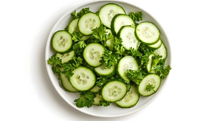 Wall Mural - Fresh cucumber and parsley salad in a white bowl: a healthy, green, and refreshing dish