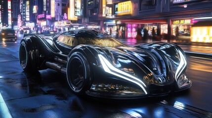 Wall Mural - A futuristic, sleek black car illuminated in a vibrant cityscape at night.