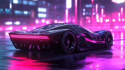 Wall Mural - A sleek, futuristic car illuminated by neon lights in a vibrant urban setting.