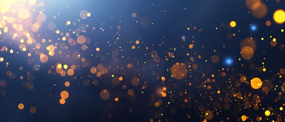 Elegant dark blue background with shimmering golden particles and bokeh light effects, featuring festive Christmas golden light and delicate gold foil texture for a luxurious, celebratory atmosphere