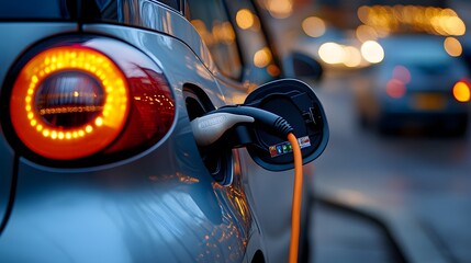 A close-up of an electric vehicleâ€™s battery being charged