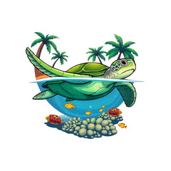 turtle with beach background vector illustration. sea world vector logo illustration. cute cartoon sea turtle.