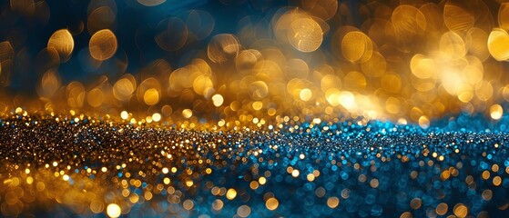 Wall Mural - Abstract glitter lights background with soft blue, gold, and black tones, creating a dreamy de-focused effect, ideal for festive banners, holiday designs, and elegant digital displays.