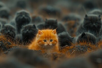 yellow kitten among black kittens