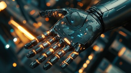Wall Mural - a futuristic robotic hand with glowing elements, showcasing advanced technology and design.